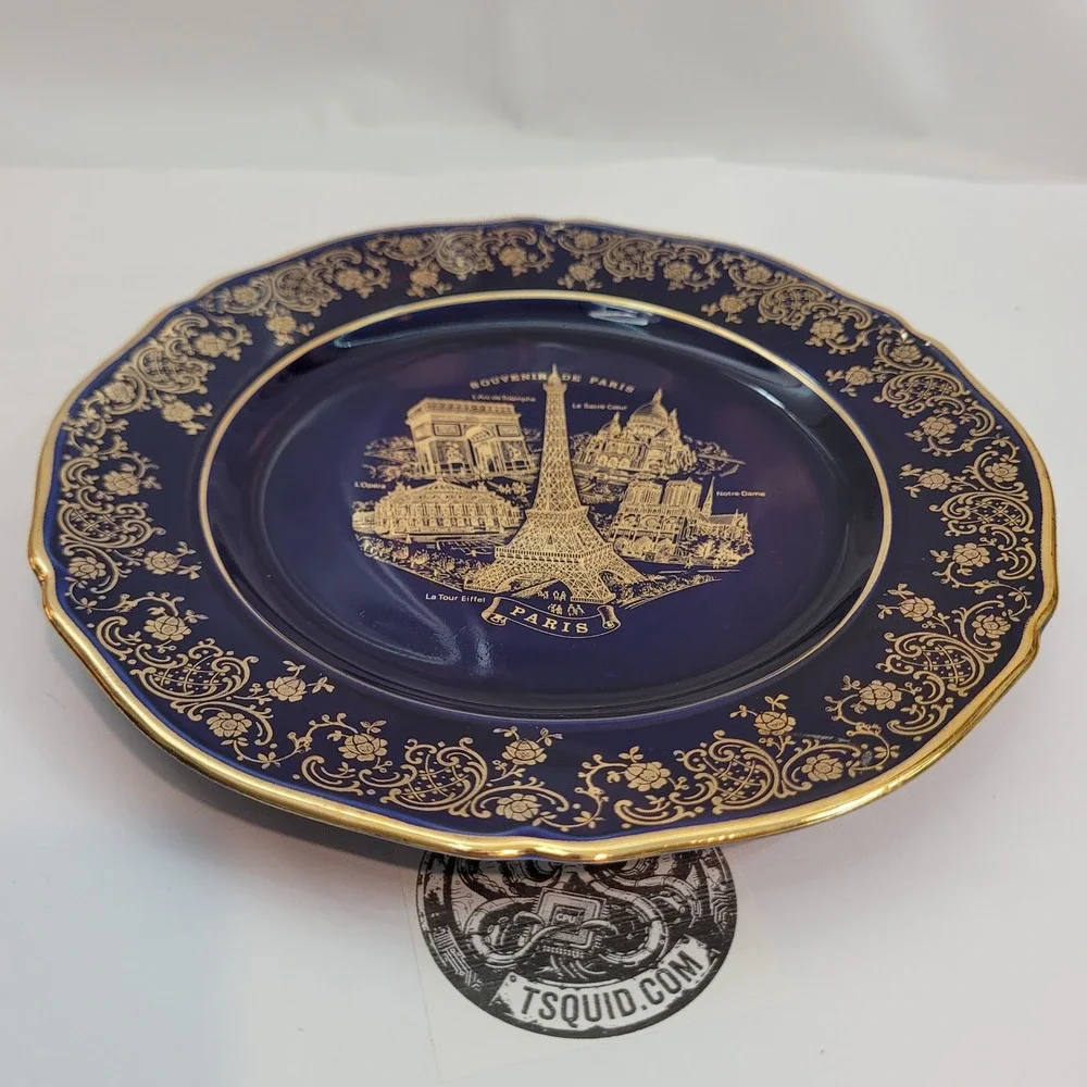 Florance Limoges Souvenir de Paris Plate Cobalt Blue Gold Gilt French Porcelain